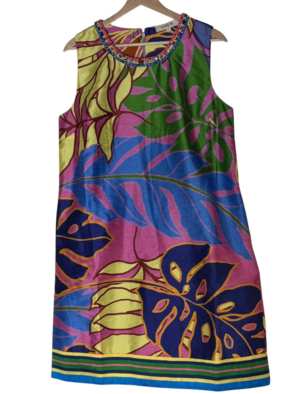 Derhy Satin Beaded Embellished Colorful A-Line Dress Size L Tropical Vacation